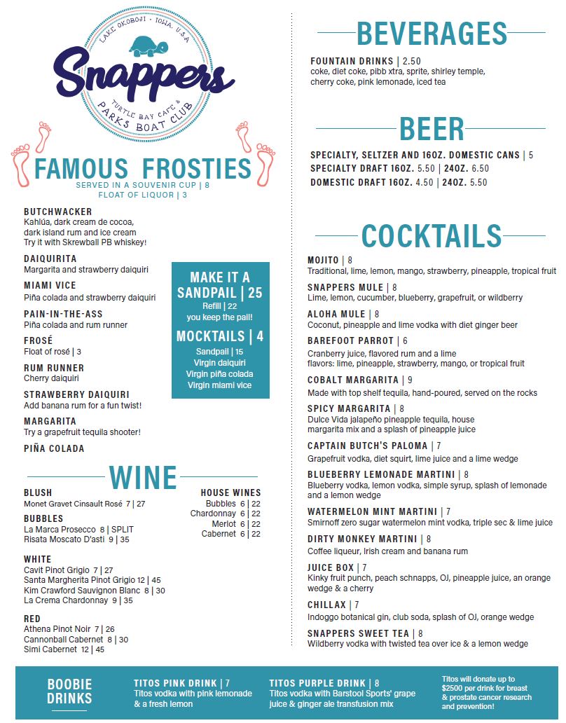 Snappers Menu Front